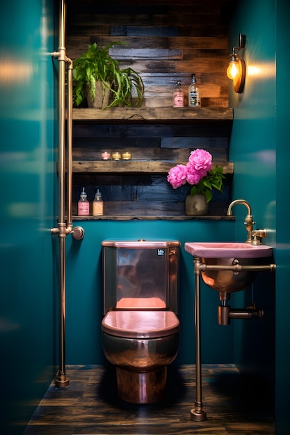 Photo gratuite vue de l'intérieur d'une petite salle de bains avec mobilier et décoration de style moderne