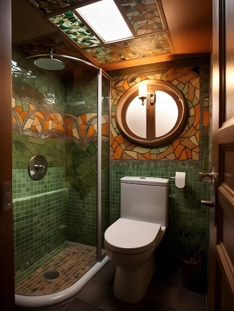 Vue de l'intérieur d'une petite salle de bains avec mobilier et décoration de style moderne