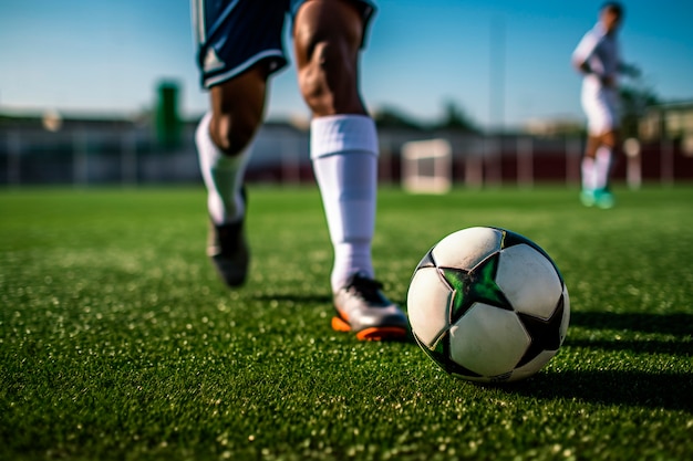 Photo gratuite vue d'un joueur de football avec un ballon sur l'herbe du terrain