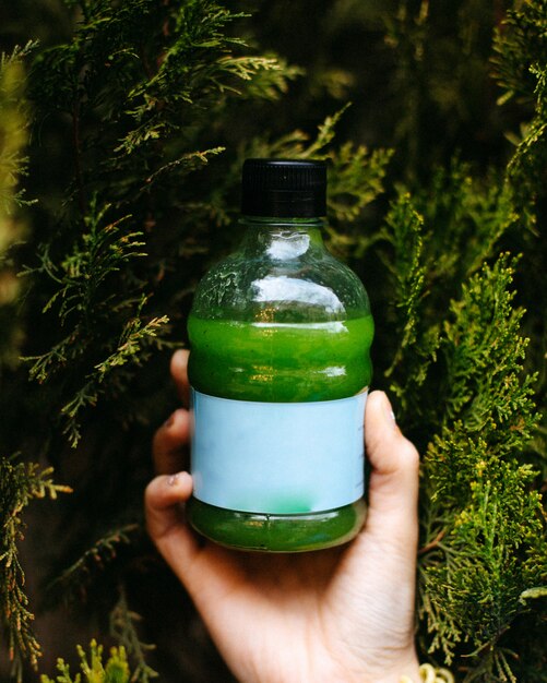 Vue latérale de la boisson détox de smoothie vert en bouteille sur vert