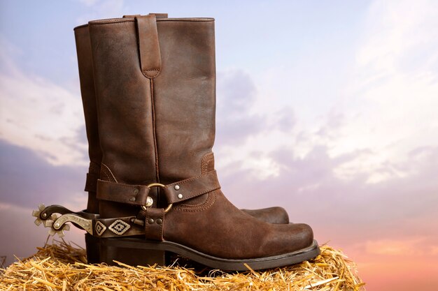 Vue latérale des bottes de cow-boy à l'extérieur