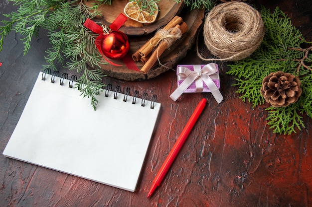 Vue latérale des branches de sapin et cahier à spirale fermé avec stylo boule de corde cannelle limes sur table sombre