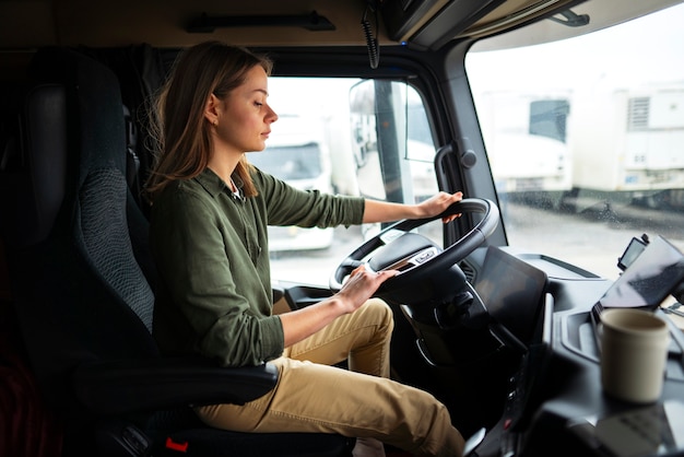 Vue latérale conductrice professionnelle dans un camion