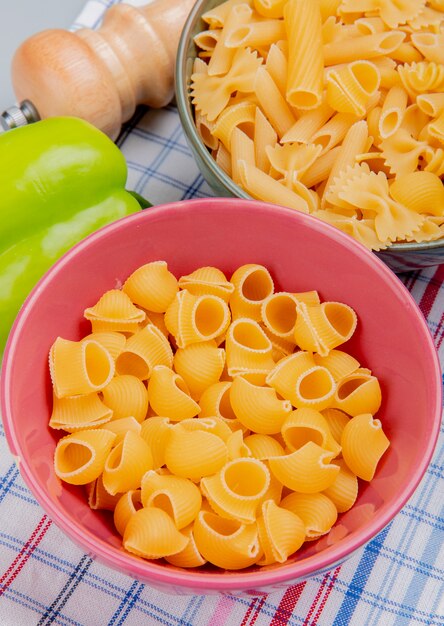 Vue latérale de différents types de macaroni en pipe-rigate et autres avec du sel au poivre sur un tissu à carreaux