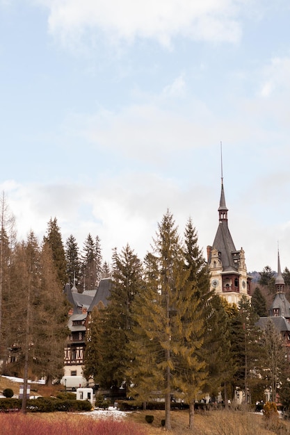 Vue latérale du château de Peles depuis Sinaia, Roumanie. Château médiéval