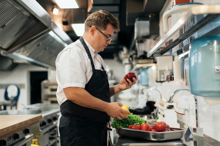 Photo gratuit vue latérale du chef avec tablier contrôle des légumes dans la cuisine