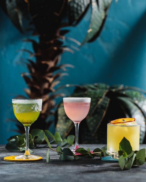 Vue latérale du cocktail de fruits dans un verre décoré de tranches d'orange séchées sur le mur vert