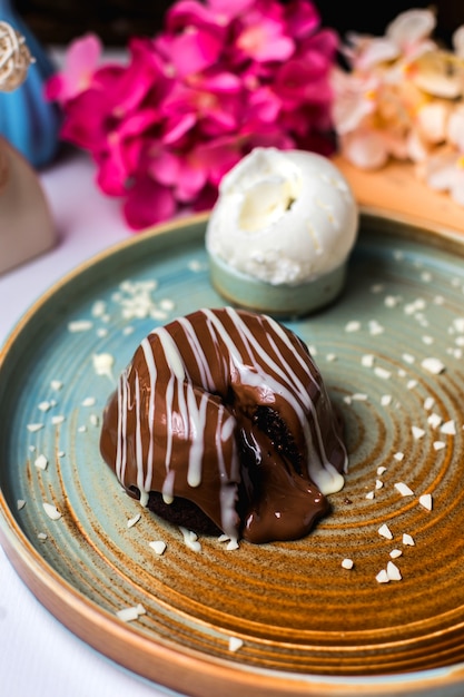 Vue latérale du fondant au chocolat classique sur une plaque