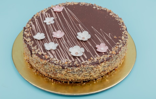 Vue latérale du gâteau au chocolat avec des noix sur une surface bleue