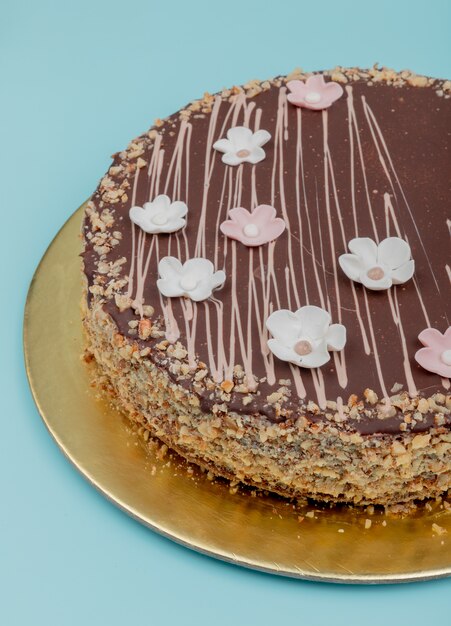 Vue latérale du gâteau au chocolat avec des noix sur une surface bleue