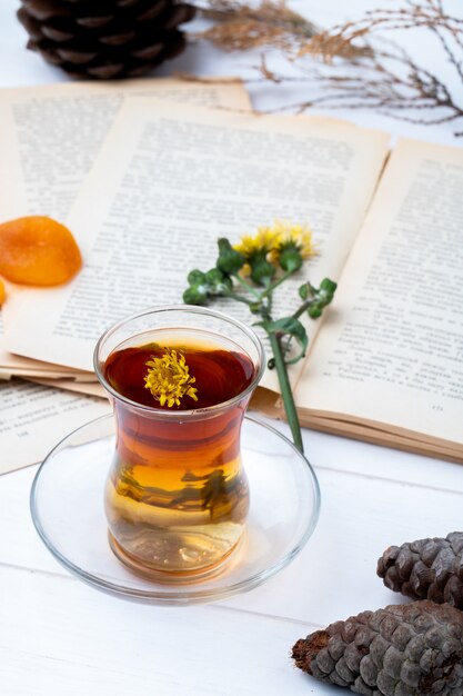 Vue latérale du verre de thé armudu avec des bâtons de cannelle, des pissenlits et des pommes de pin avec un livre ouvert sur la table