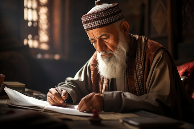 Vue latérale de l'écriture de l'homme islamique