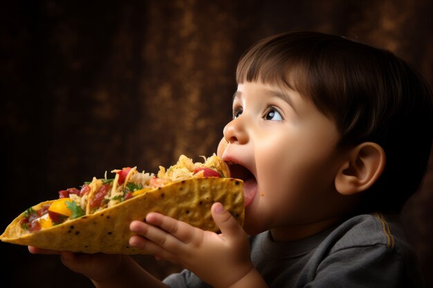 Vue latérale d'un enfant mangeant un délicieux taco