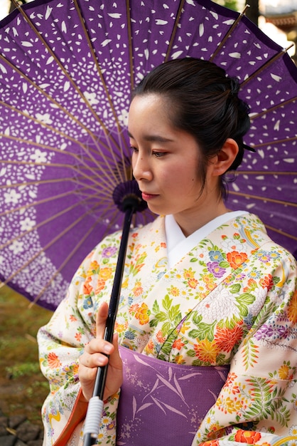 Vue latérale femme à l'aide d'un parapluie wagasa