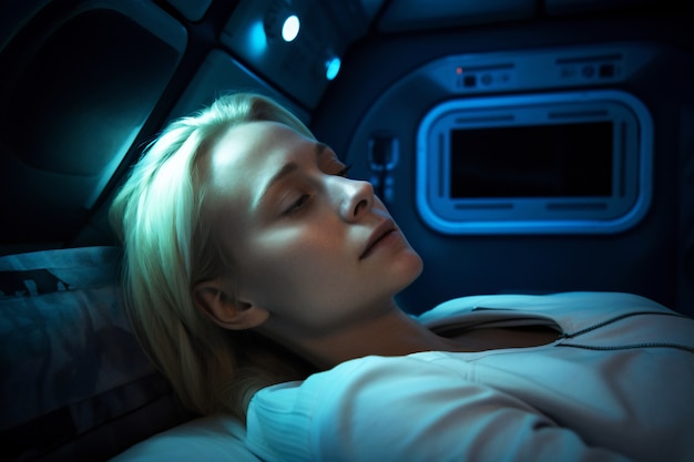 Photo gratuite vue latérale femme astronaute essayant de dormir