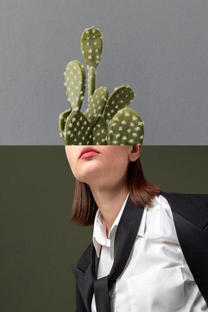 Vue latérale femme avec collage de cactus