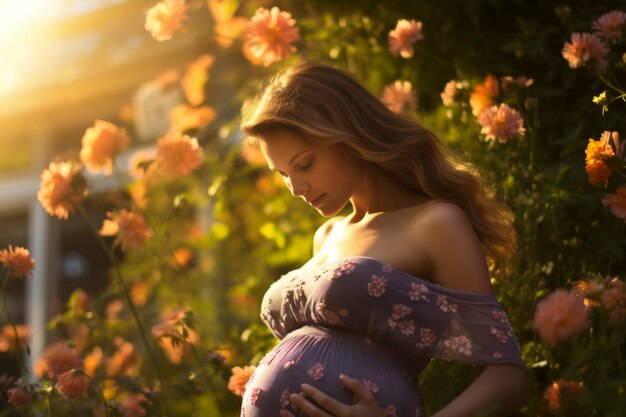 Vue latérale d'une femme enceinte dans la nature