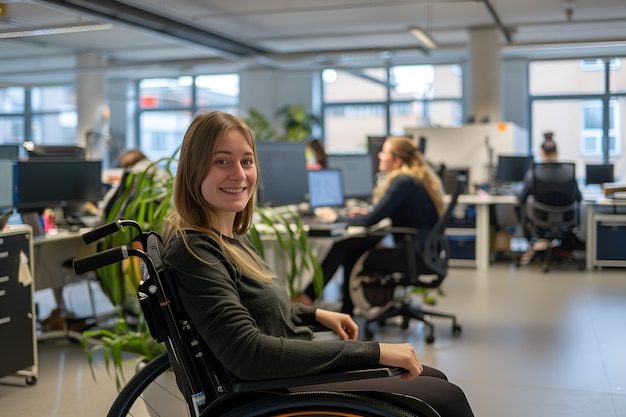 Vue latérale femme en fauteuil roulant au travail