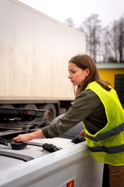 Photo gratuite vue latérale femme fixant un camion