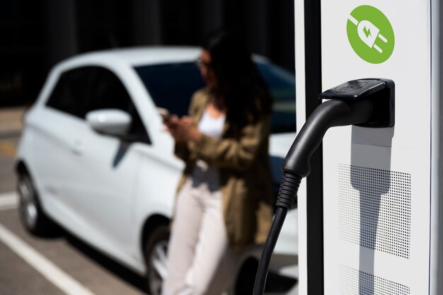 Vue latérale femme floue attendant près de la voiture