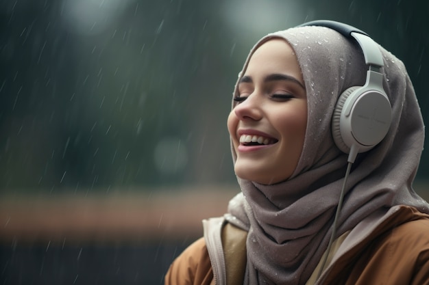 Photo gratuite vue latérale femme islamique portant des écouteurs