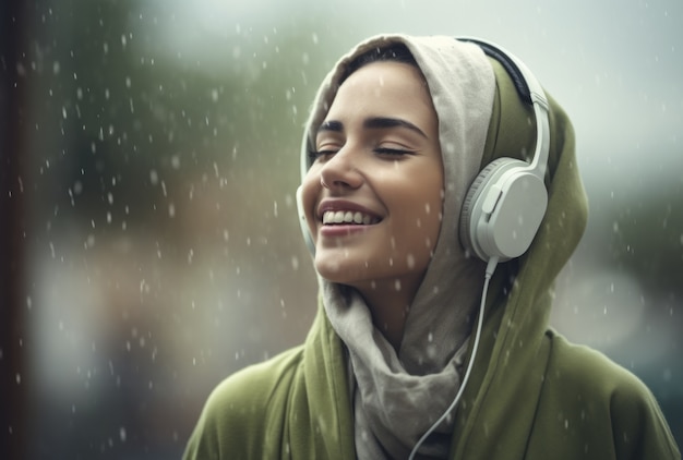 Vue latérale femme islamique portant des écouteurs