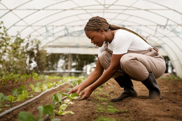 Vue latérale femme prenant soin des plantes