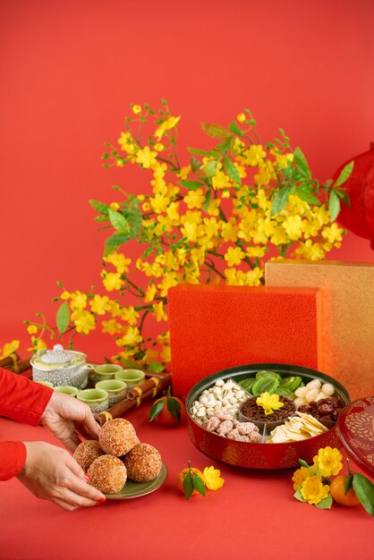 Vue latérale d'une femme recadrée apportant des plats traditionnels pour le dîner de Noël