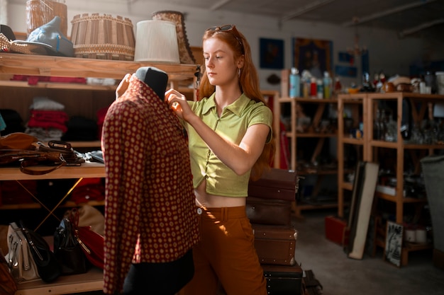 Vue latérale femme regardant des vêtements