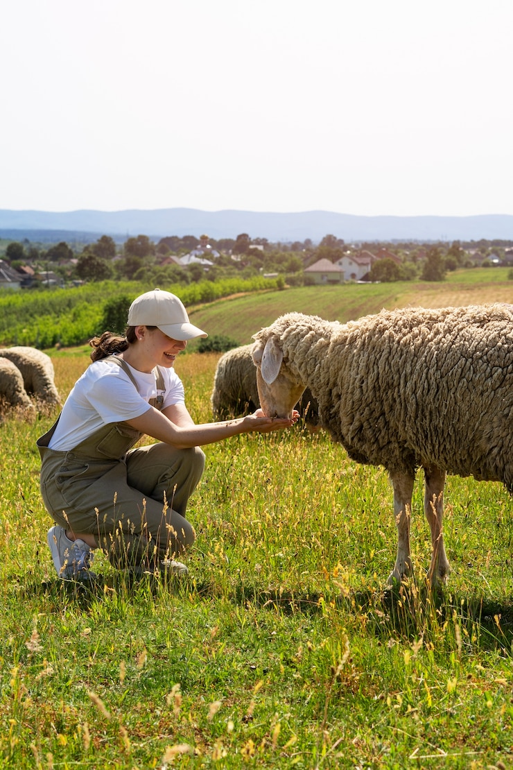 Photo gratuit vue latérale femme souriante nourrissant des moutons