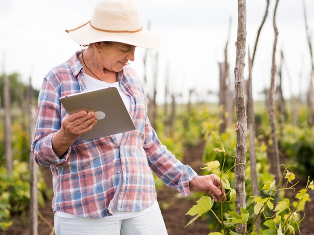 Vue latérale femme vérifiant son jardin