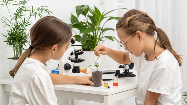 Vue latérale des filles qui apprennent la science avec des plantes