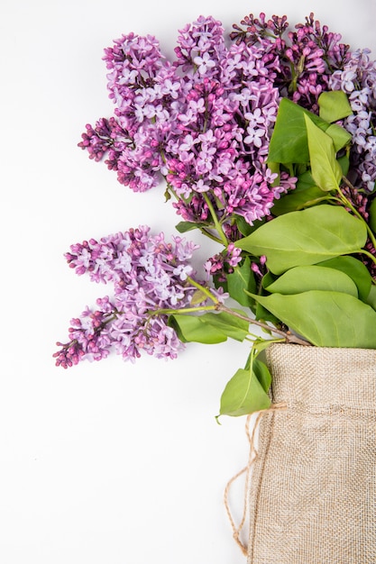 Photo gratuite vue latérale des fleurs lilas dans un sac sur fond blanc