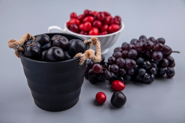 Vue latérale des fruits de prunellier violet foncé sur un panier noir avec des baies de cornouiller sur une tasse et des raisins isolés sur fond gris