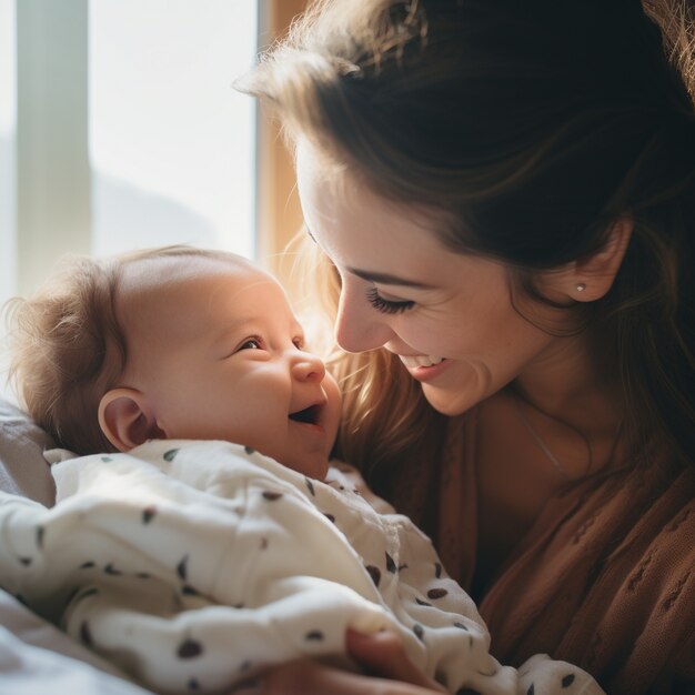 Vue latérale, heureuse, mère, tenue, bébé