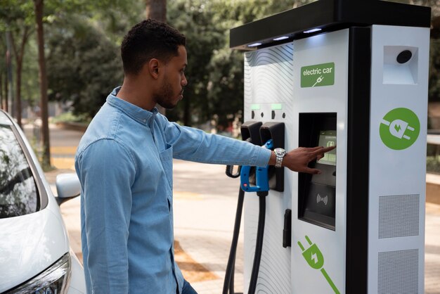 Vue latérale homme chargeant une voiture électrique