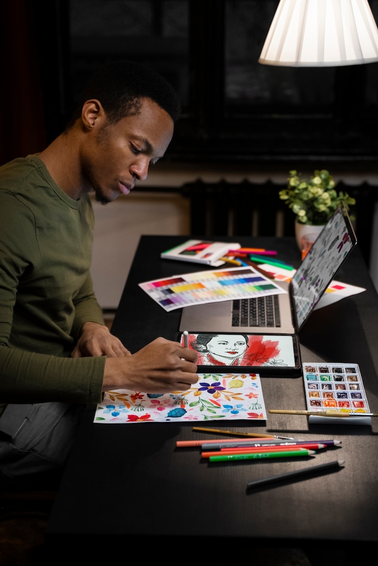 Photo gratuit vue latérale homme dessinant sur tablette