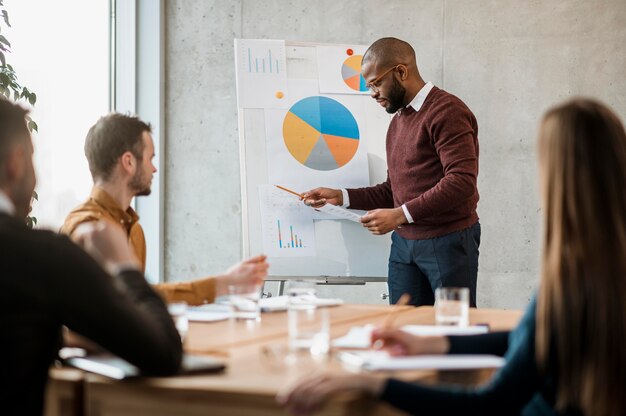 Vue latérale de l'homme faisant une présentation lors d'une réunion