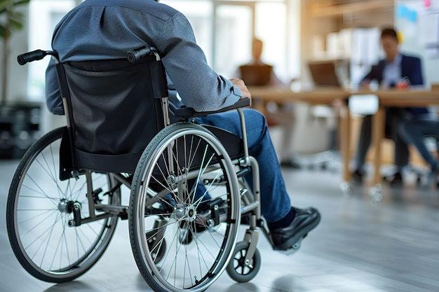 Photo gratuite vue latérale homme en fauteuil roulant au travail