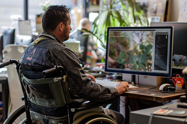 Photo gratuite vue latérale homme en fauteuil roulant au travail