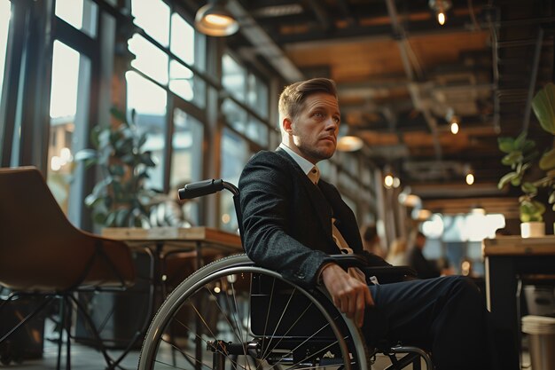 Photo gratuite vue latérale homme en fauteuil roulant au travail