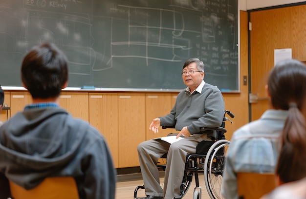 Vue latérale homme en fauteuil roulant au travail