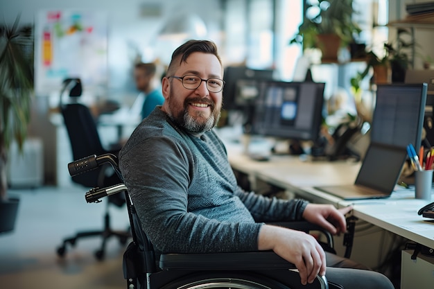 Vue latérale homme en fauteuil roulant au travail