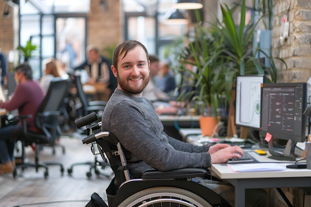 Vue latérale homme en fauteuil roulant au travail