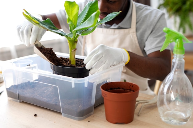 Photo gratuite vue latérale homme transplantant une plante à la maison