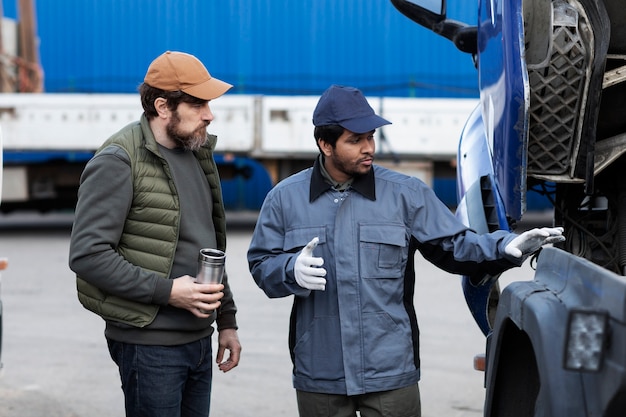 Photo gratuite vue latérale des hommes regardant à l'intérieur du camion