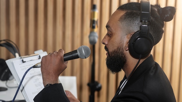 Vue latérale jeune homme travaillant dans une station de radio