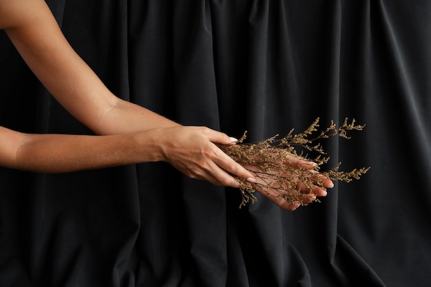 Photo gratuite vue latérale des mains de la femme tenant la plante
