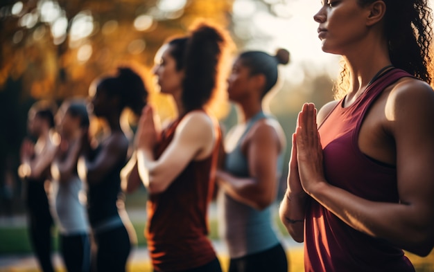 Vue latérale de personnes faisant du yoga ensemble