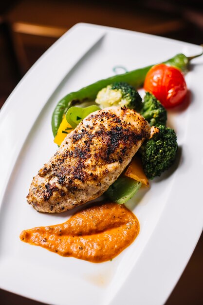 Vue latérale poitrine de poulet frit avec légumes et sauce